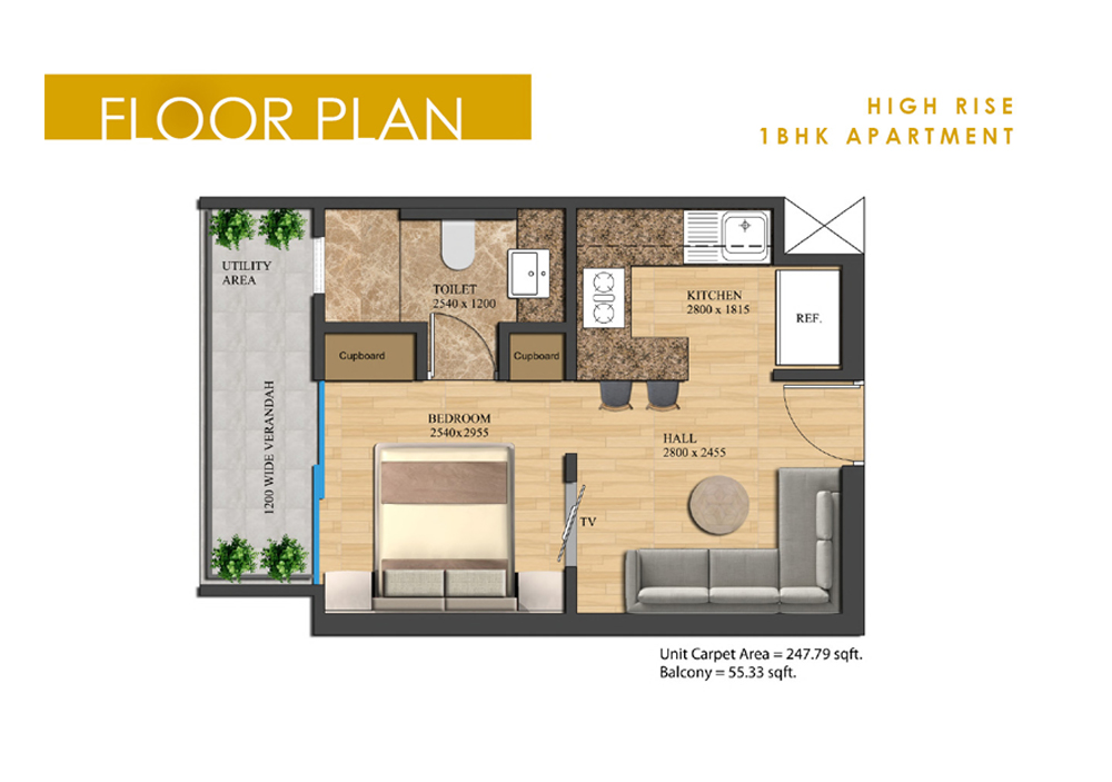 1BHK + 1T Floor Plan